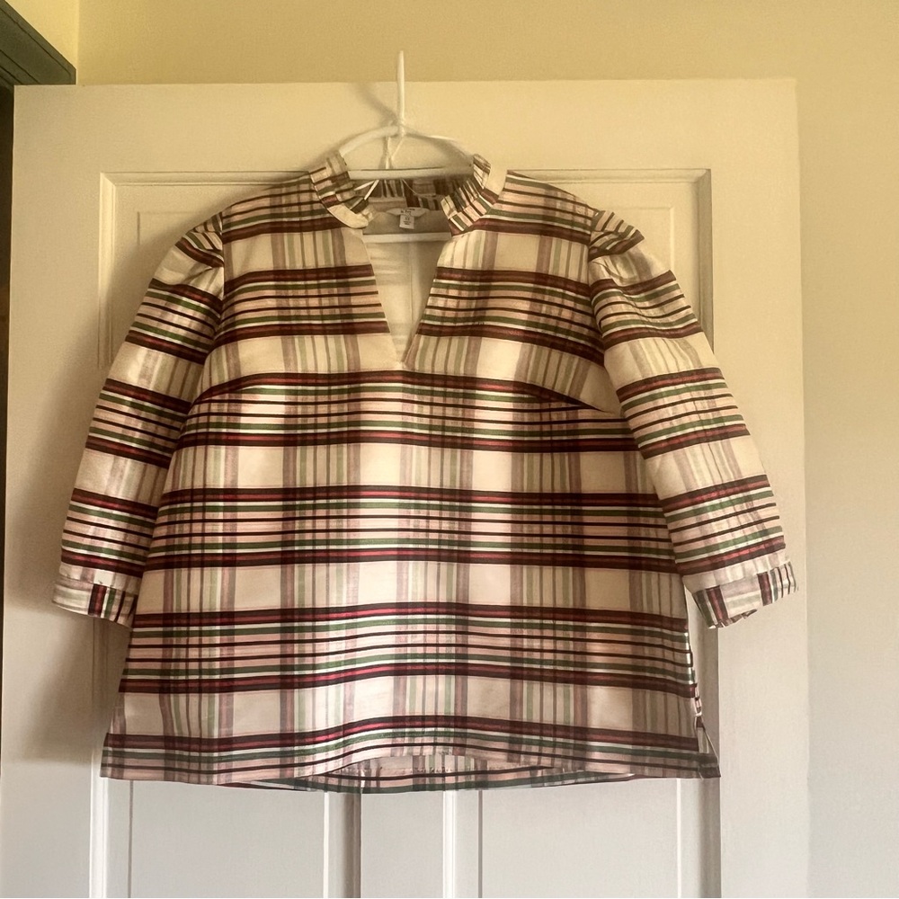 Dark pink, light pink, green, black, white, Crown and Ivy silk linen shirt.